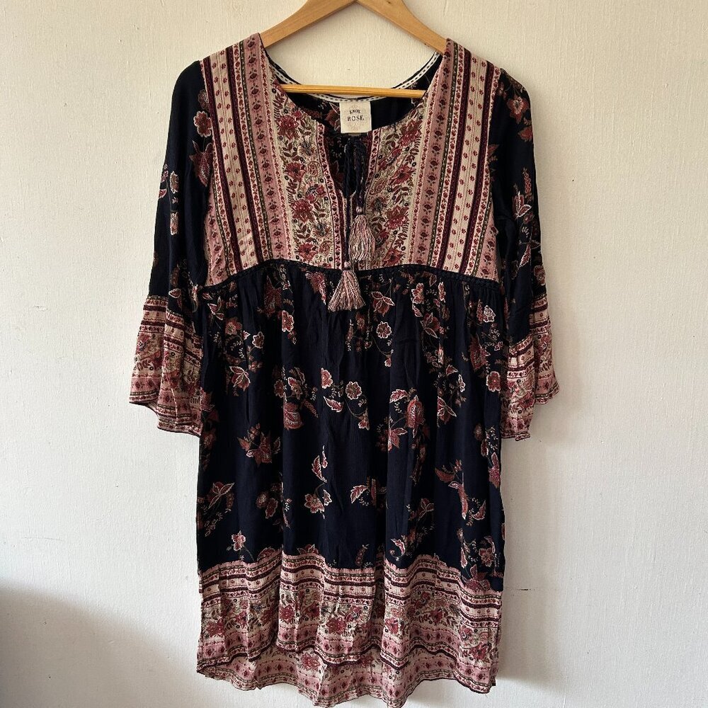 Knox Rose Shift Dress Womens Small Black Floral Boho V-neck Cottagecore Prairie